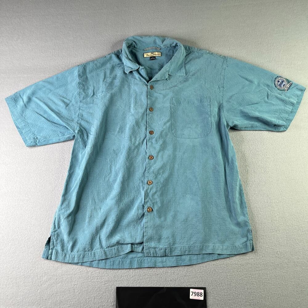 Tommy Bahama Silk Shirt XL Blue Grand Slam Of Golf Logo Button Up Short Sleeve